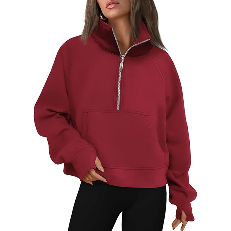 Maxct Casual Half Zipper Plush Hoodies Women Loose Solid Lapel Pockets Sweat Shirt Female Autumn Chic Warm Sports Yoga Outwear