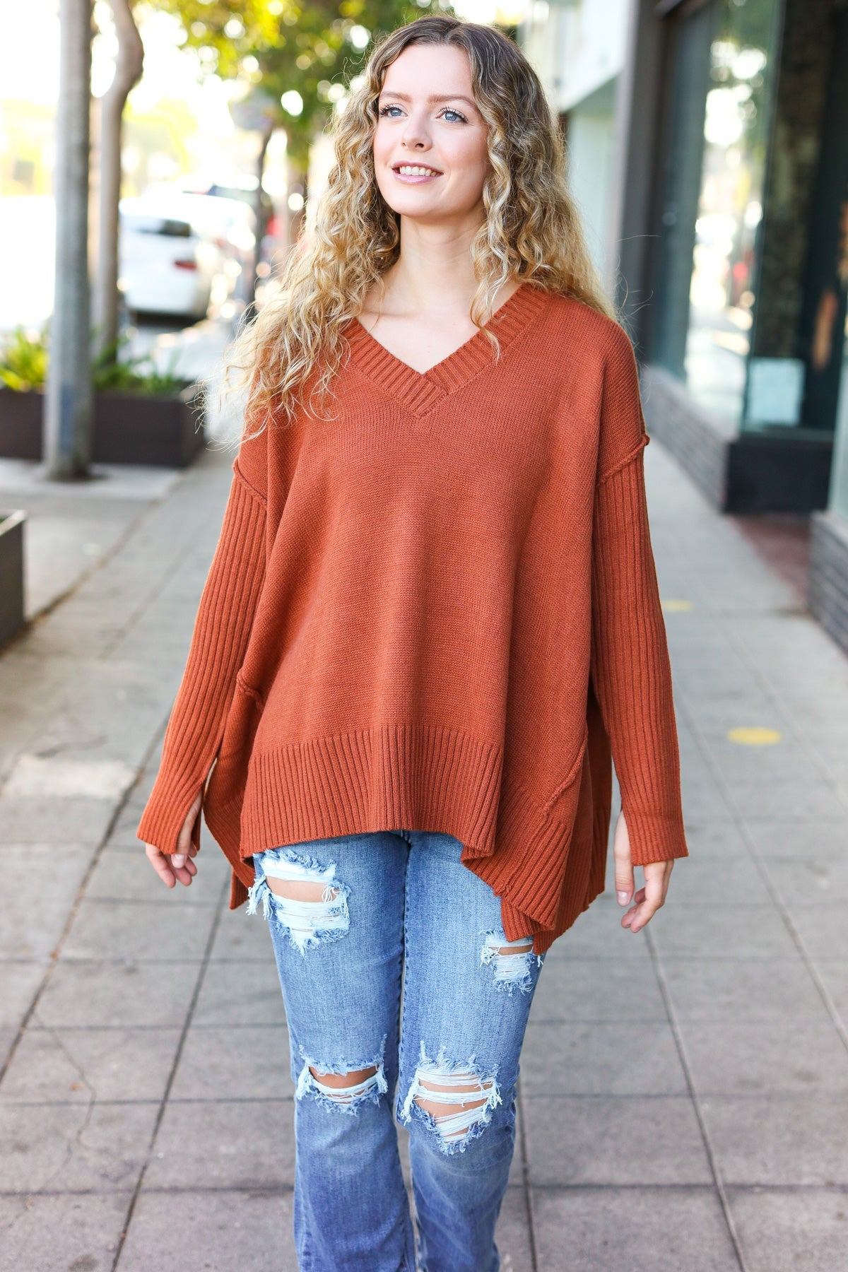 Maxct &Casual Chic Rust Oversized V Neck Rib Knit Sweater