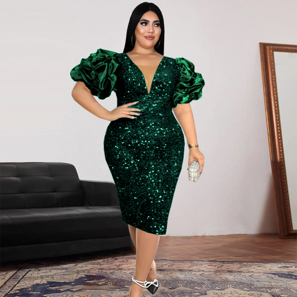 Maxct Am1117 Sexy V-neck Pile Sleeve Dress High Waist V Back Party Sequined Dress Dress Dresses