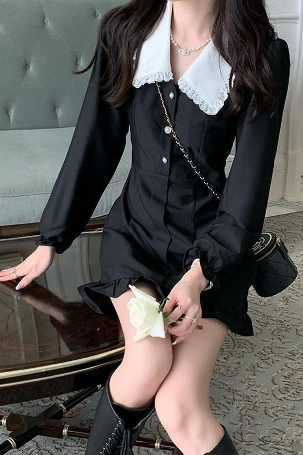 Long Sleeve Peter Pan Collar Ruffle Mini Dress Maxct