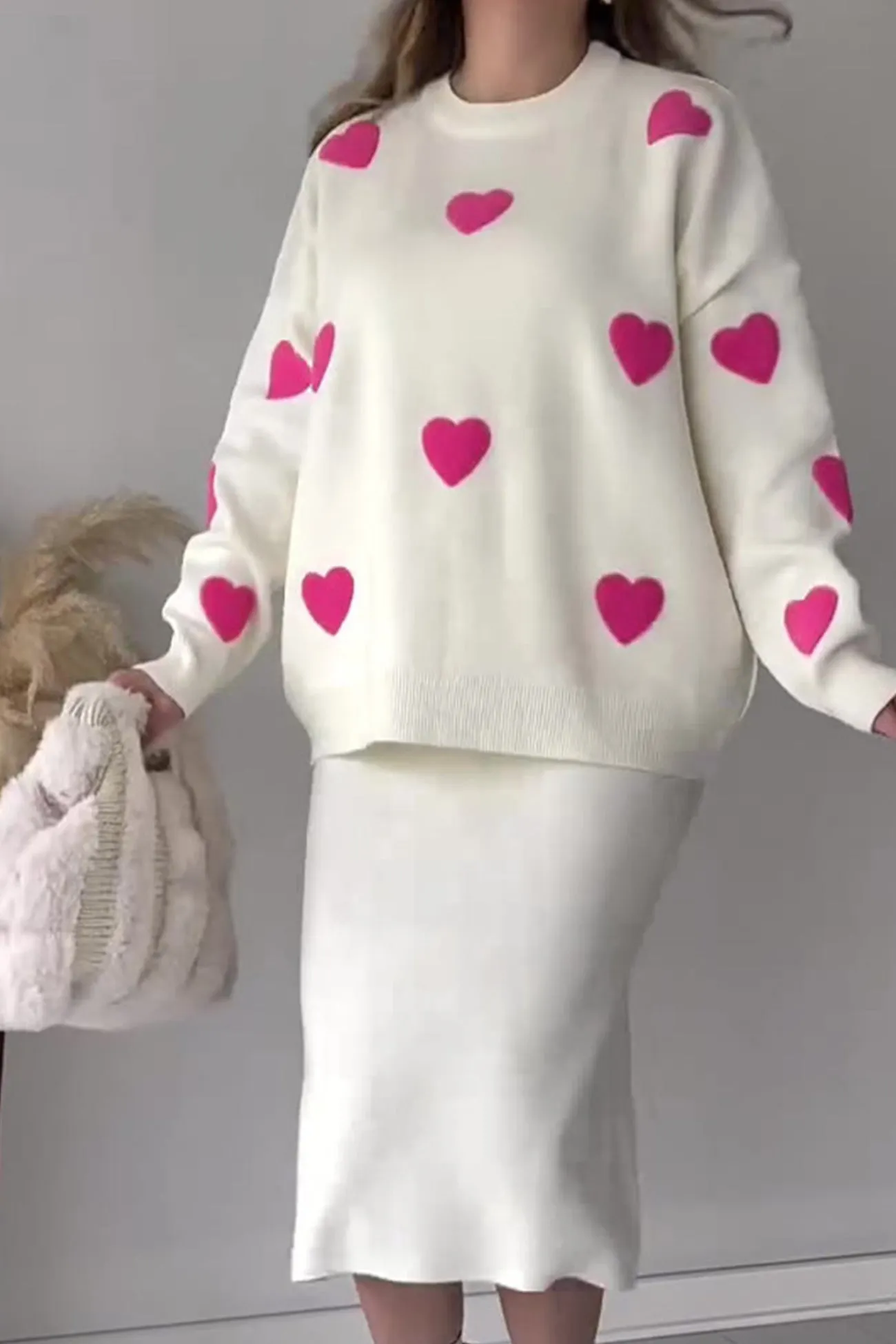 Maxct Heart Graphic Sweater Midi Skirt Knit Suits