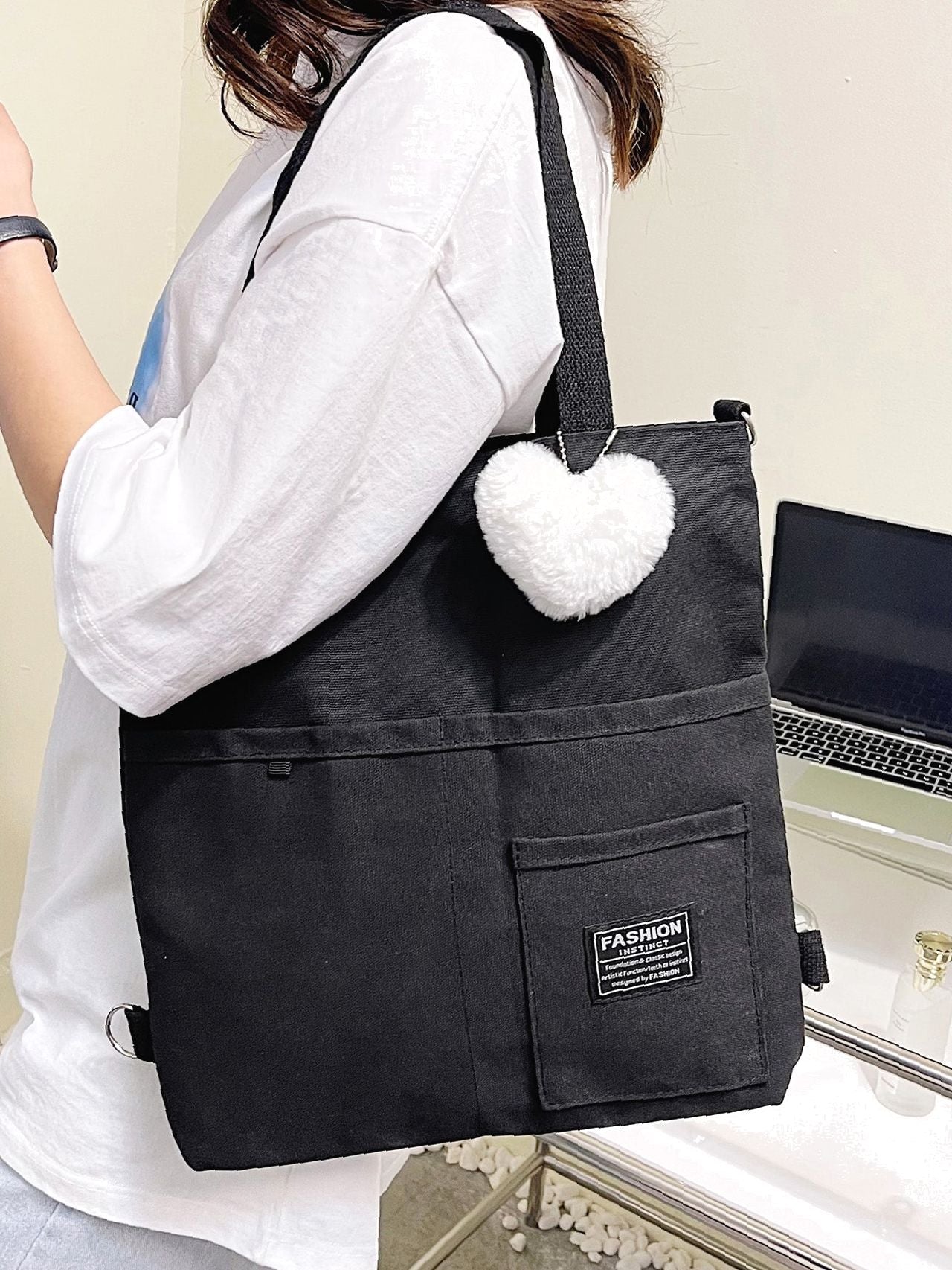 Maxct - Letter Graphic Shopper Bag with Bag Charm  - Women Tote Bags