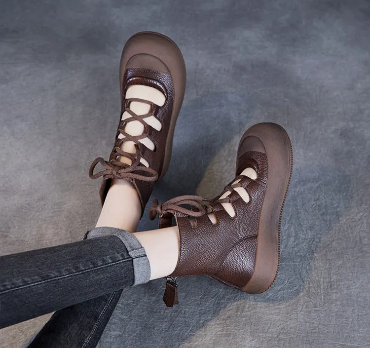 Women Retro Breathable Hollow Leather Lace-Up Short Boots