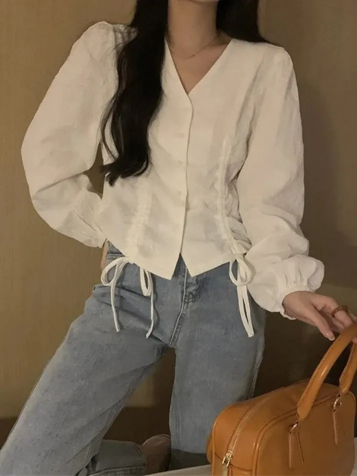 Maxct Lace Up Button Front Long Sleeve Blouse