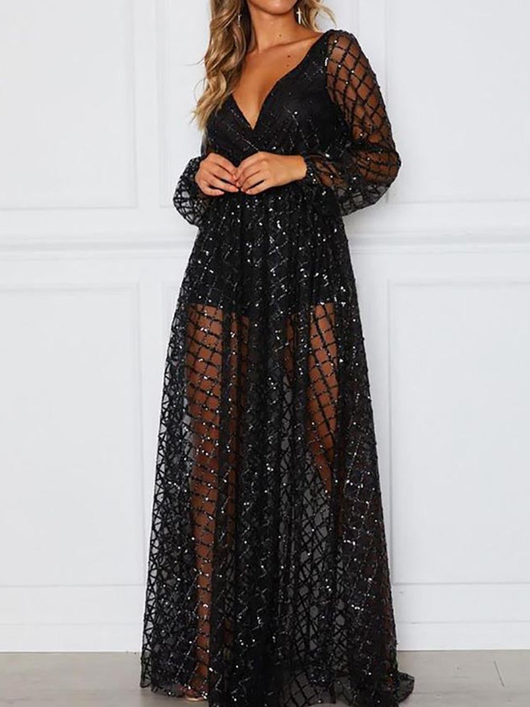 Sequins Mesh V Neck Maxi Dress Maxct