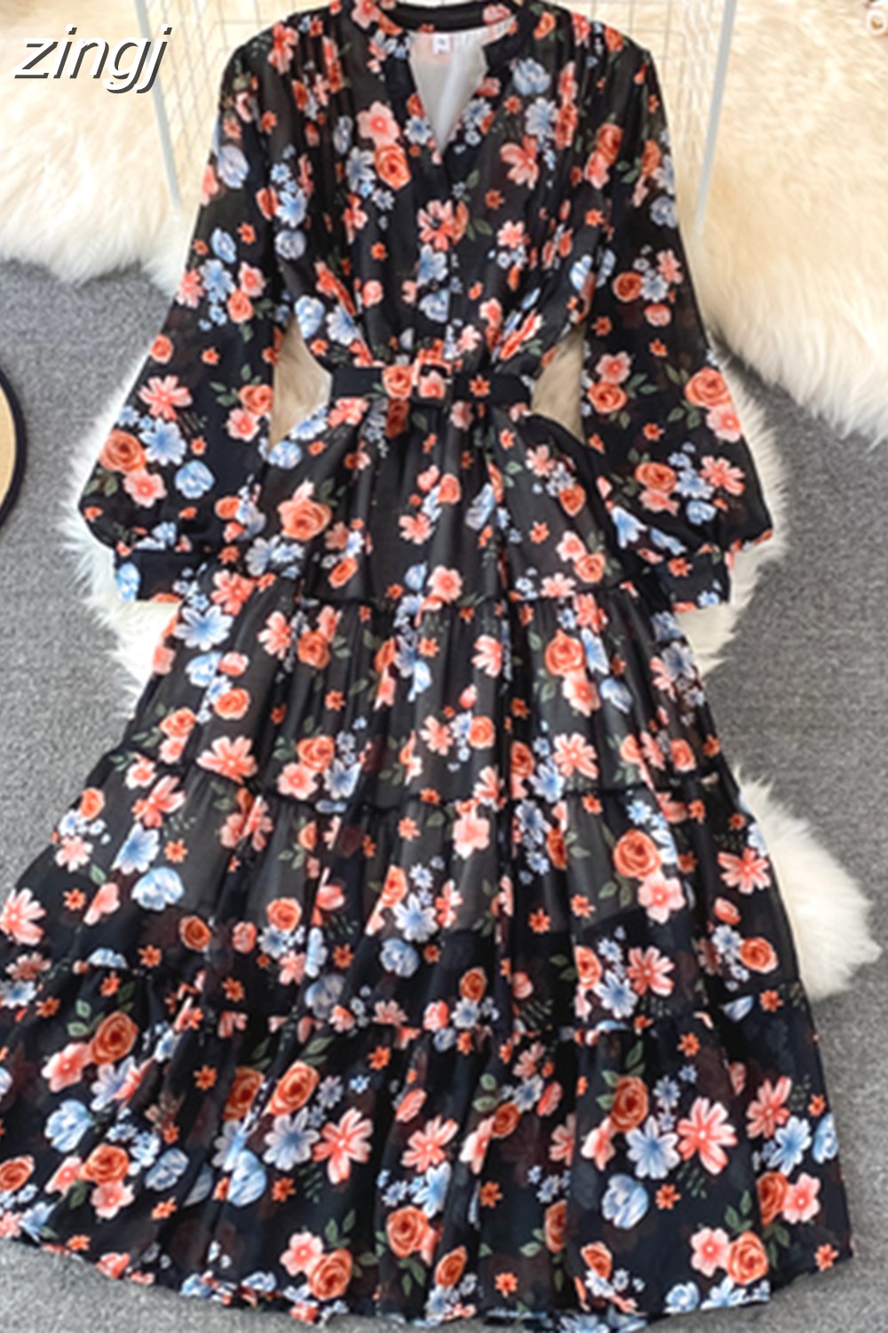 Maxct Floral Midi Dress Women Elegant V-Neck Lantern Long Sleeve High Waist Draped A-Line Casual Vestidos Female Spring Autumn