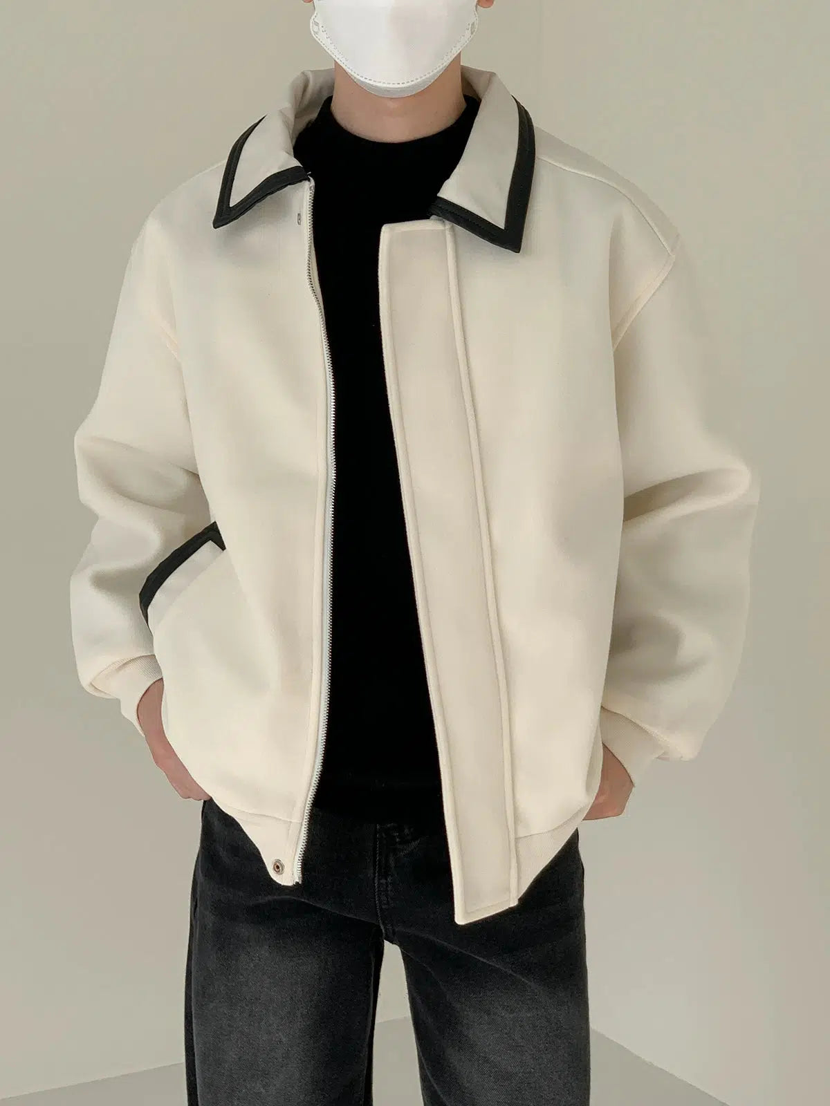 Maxct Contrast Color PU Leather Collar Wool Jacket