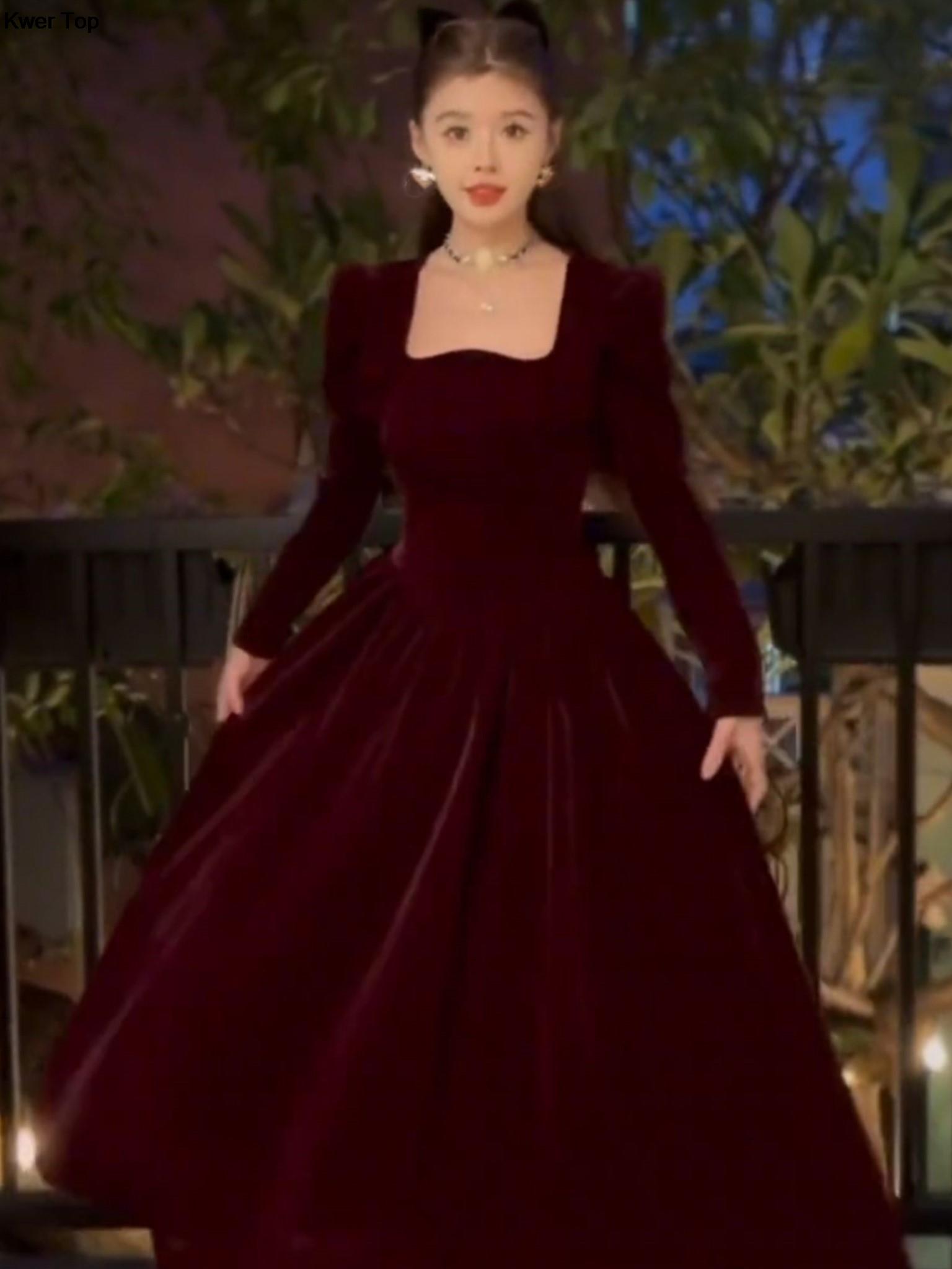 Maxct Winter Vintage Christmas Red Velvet Dress French Elegant Square Collar Evening Party Prom Vestidos Women Clothes