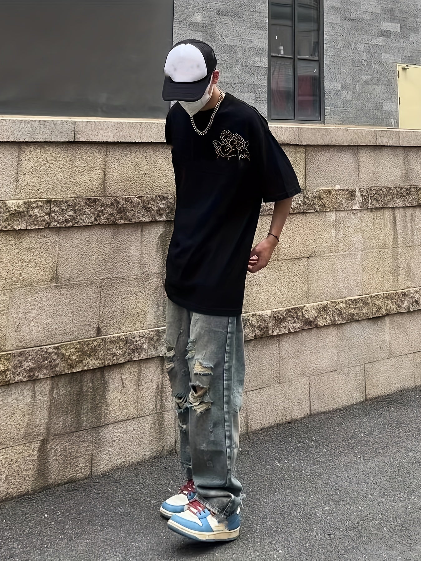 Maxct  Baggy Ripped Cotton Jeans, Men's Casual Street Style Distressed Denim Pants For Spring Summer