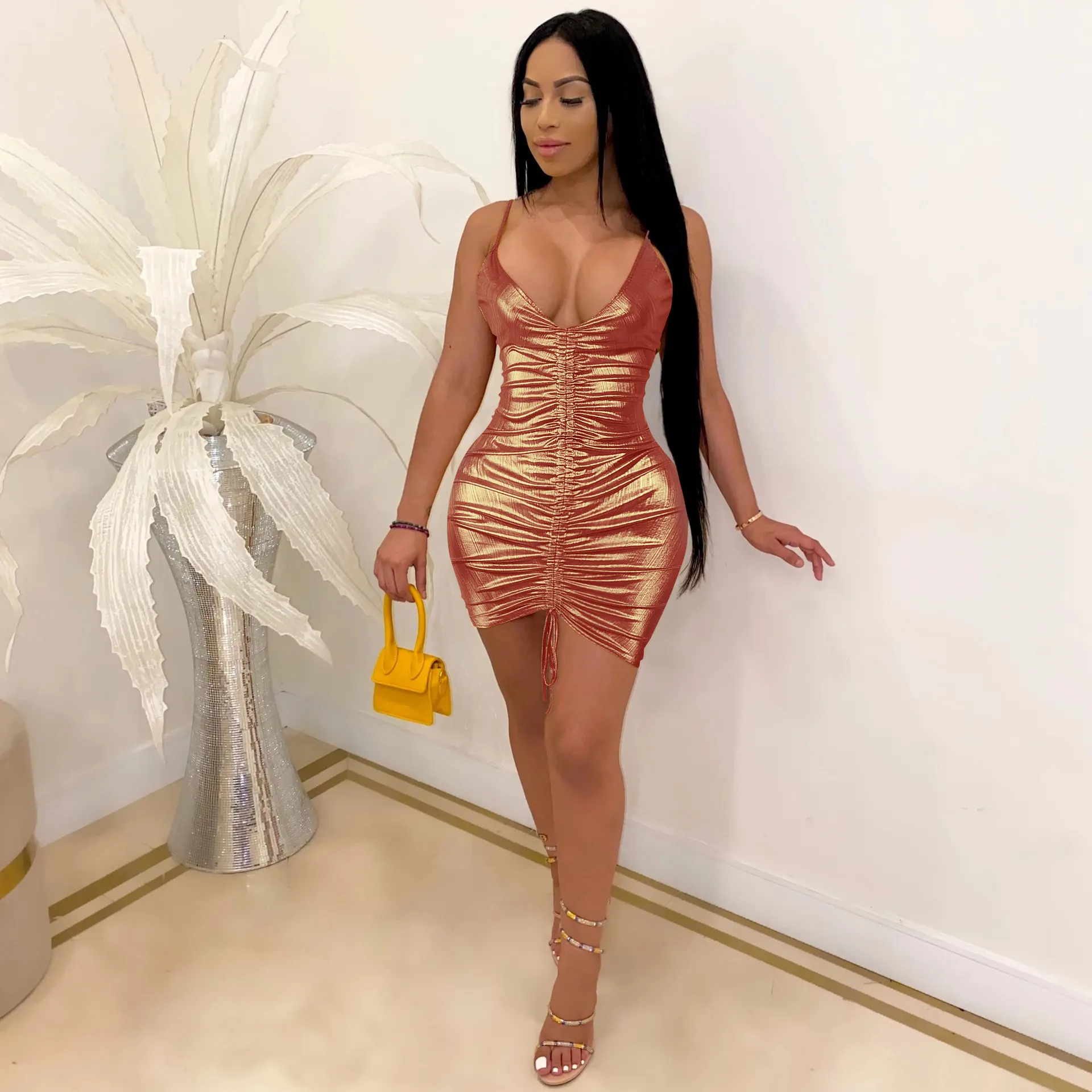 Parity Drawstring Bodycon Mini Dress Sexy Young Little Chap Spaghetti Strap Sweet High Waist Vestidos For Female Summer