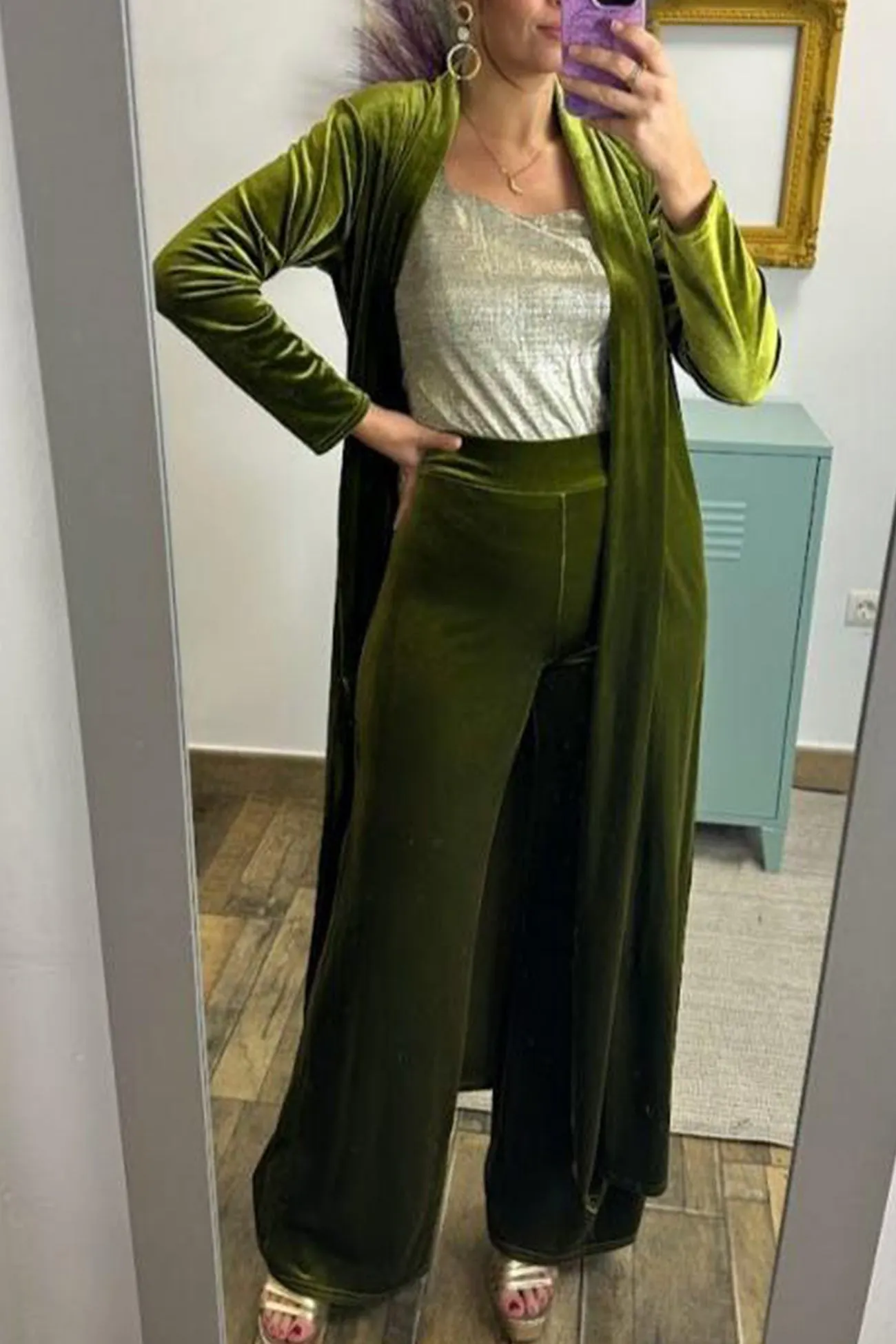 Maxct Velvet Slit Long Cardigan Two-piece Pants Suits