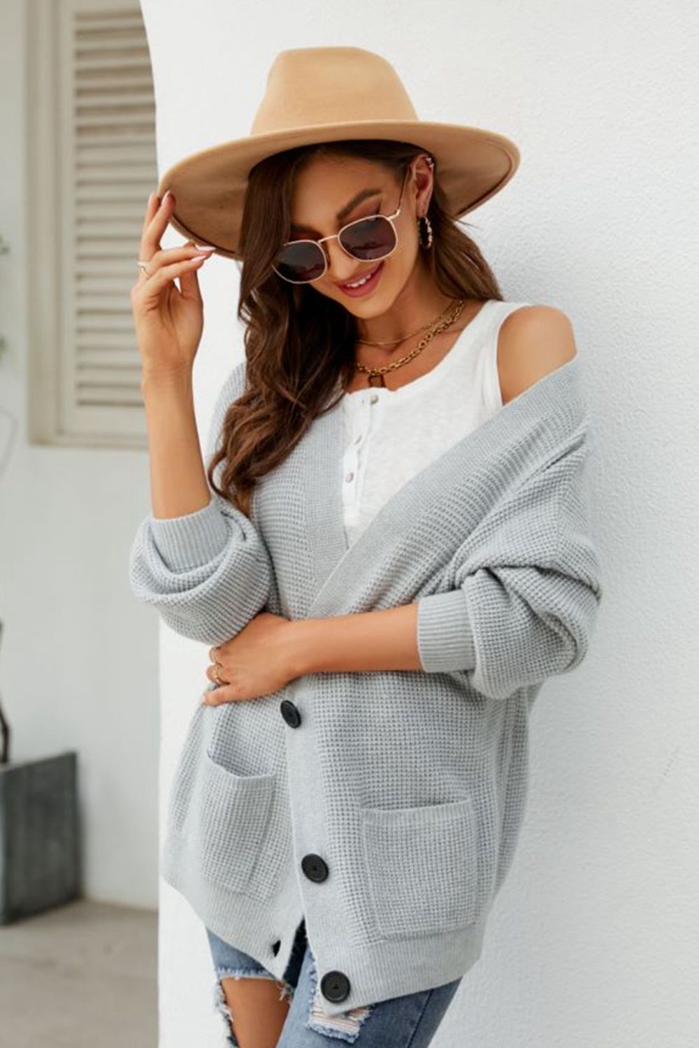 Maxct &Waffle-Knit Dropped Shoulder Cardigan