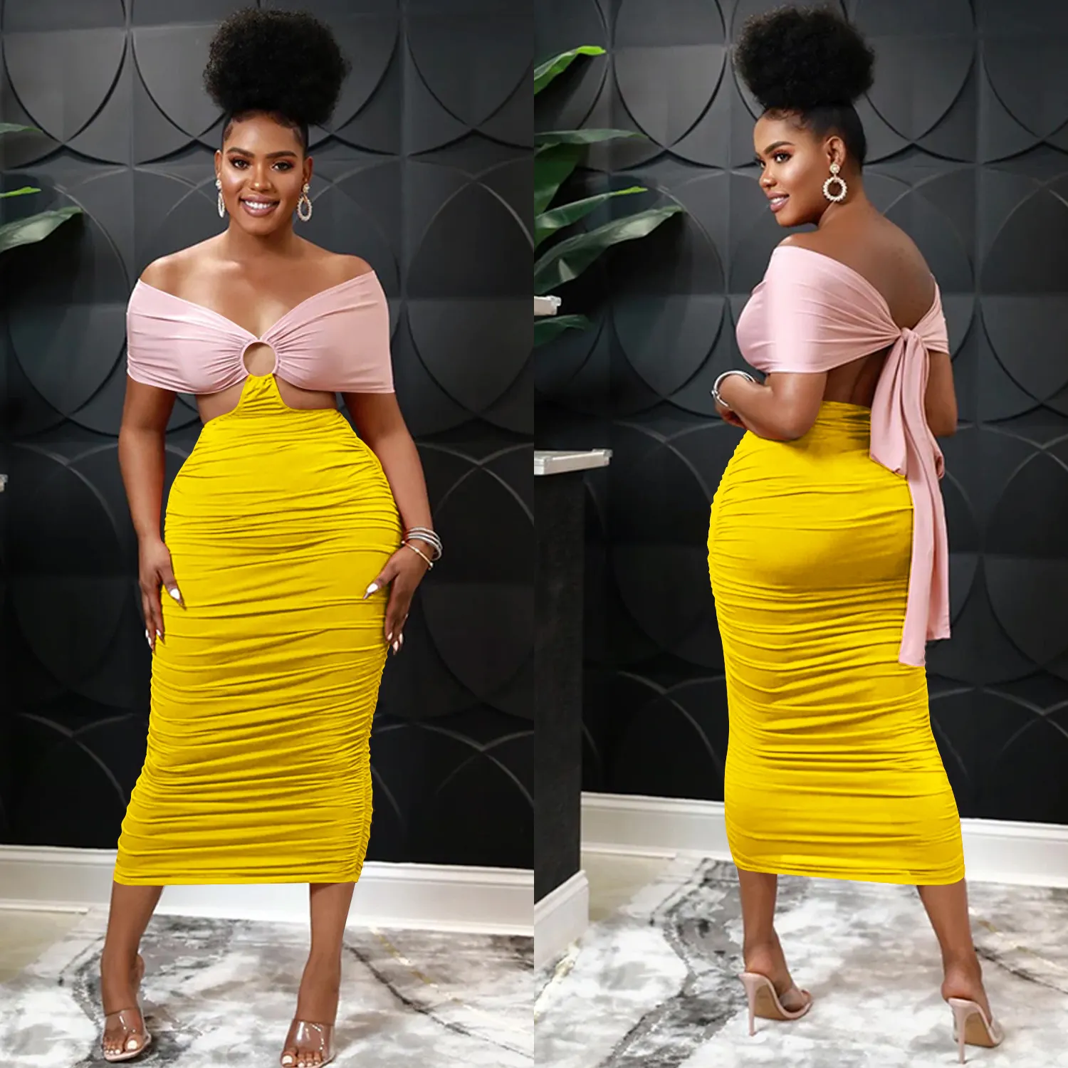 Maxct Maxct Fashion Women's Casual Tight Back Hollow Out Pleated Dress Women's Wear