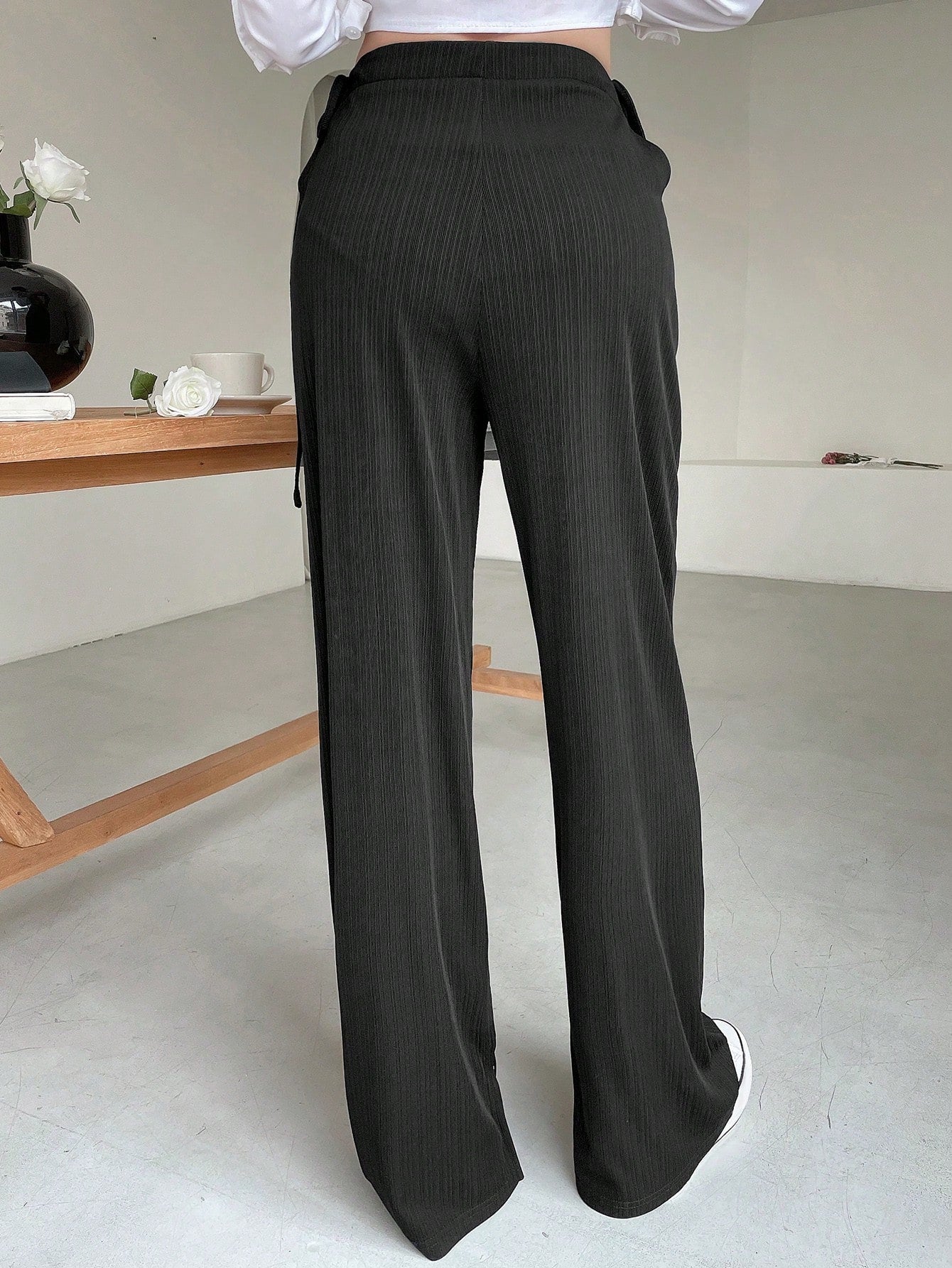 Maxct Women Double-Sided Hollow Out Design Sense Drawstring Suit Pants