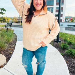 Maxct &The Perfect Day Oatmeal Notched Neck Contrast Stitch Knit Hoodie