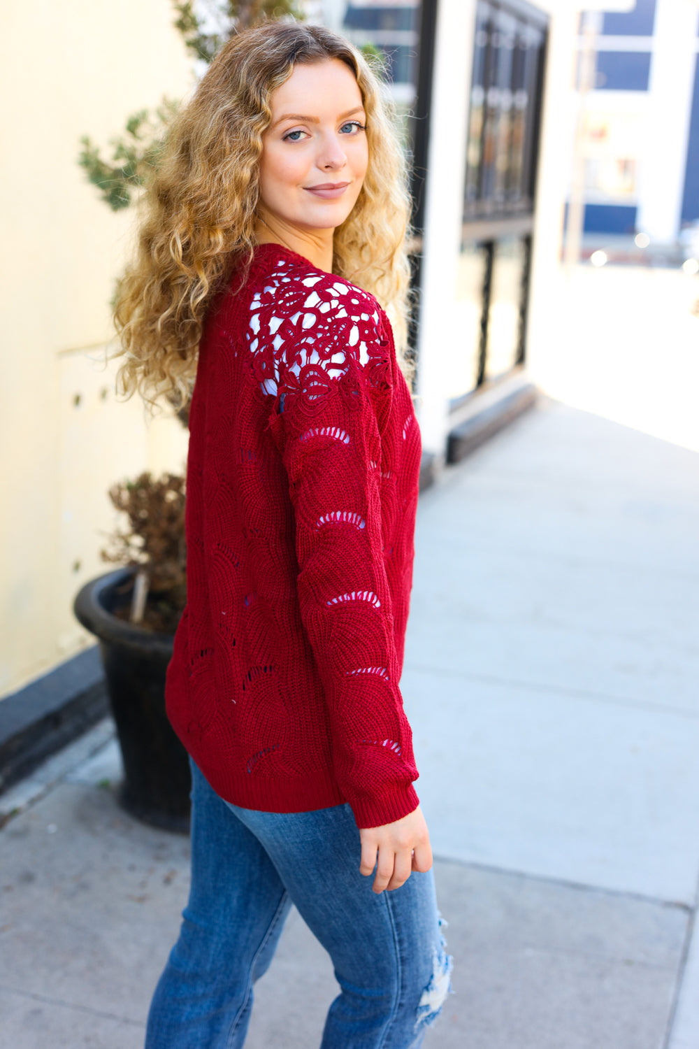 Maxct &Casual Chic Burgundy Pointelle Lace Shoulder Knit Sweater