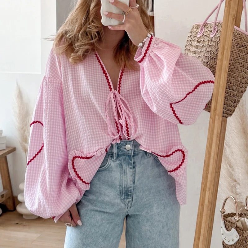 Maxct Y2K Vintage Long Sleeve T-shirts Heart Patched Plaid Front Bowknot Tie-Up Blouses Women Fashion Elegant Casual Loose Fit Tops