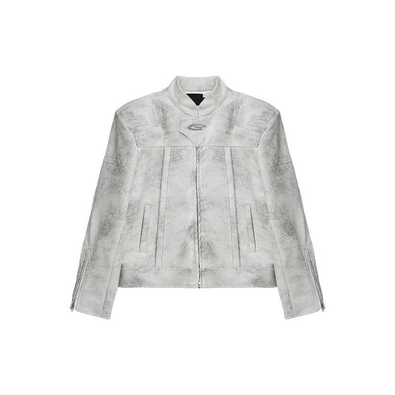 Maxct Stand Collar Leather Jacket with Shoulder Pads