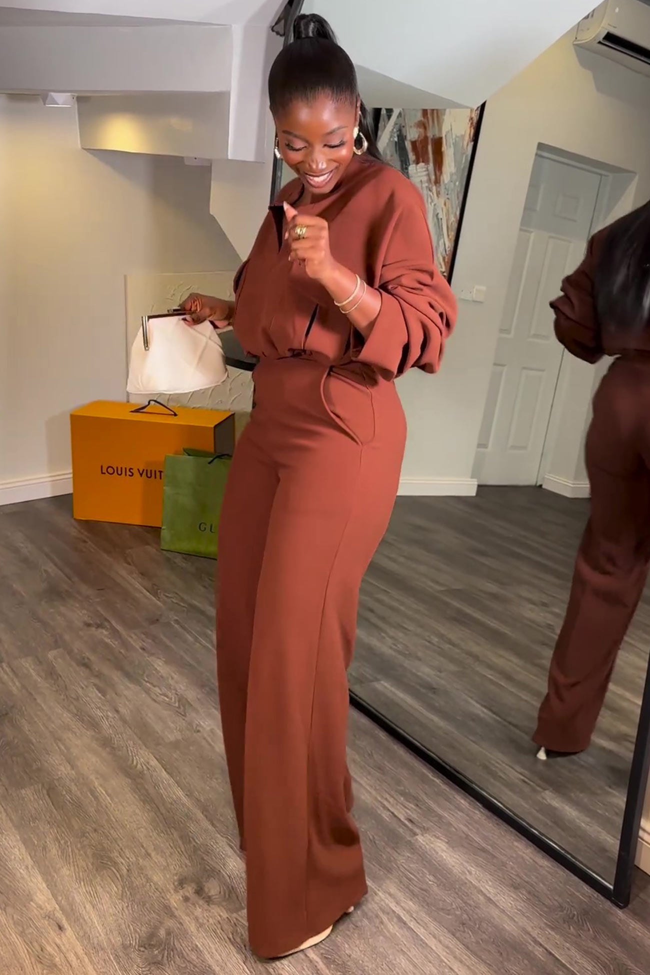 Maxct-V Neck Blouse Wide Leg Long Pants Suits