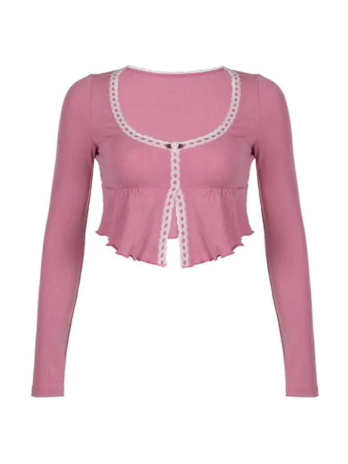 Maxct Lace Trim U Neck Slit Cropped Long Sleeve Blouse