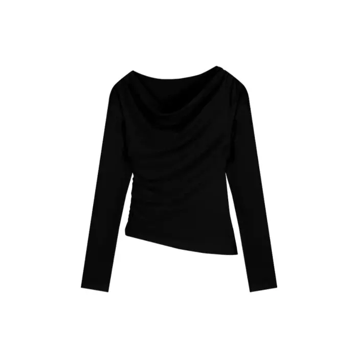 Maxct Black Solid Slash Neck Elegant Long Sleeve Tops Fashion Slim Sexy Cropped T Shirt Skinny Women Y2k Clothing Autumn Casual Shirts
