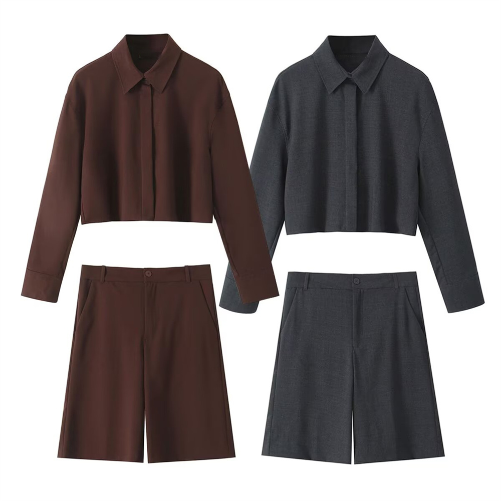Autumn New Product Women's Clothing Style Long Sleeve Collar Short Shirt High Waist Versatile Shorts Casual Set
