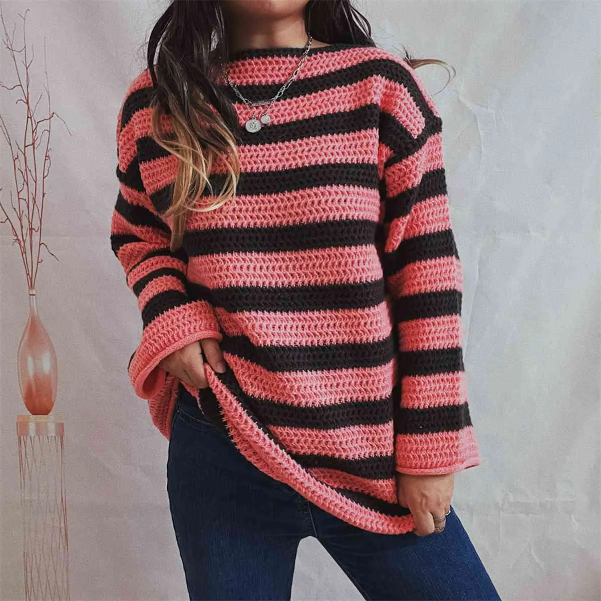 Maxct &Striped Round Neck Long Sleeve Sweater