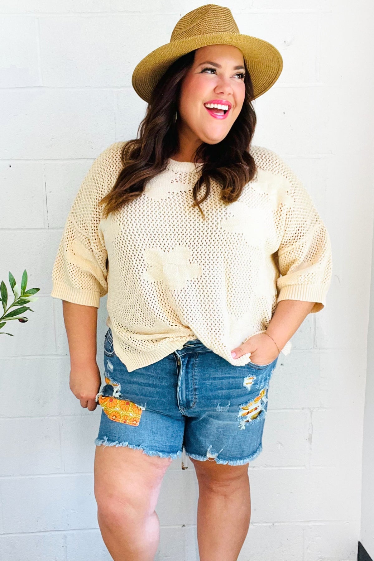 Maxct &Feel Charming Oatmeal Floral Netted Crochet 3/4 Sleeve Sweater Top
