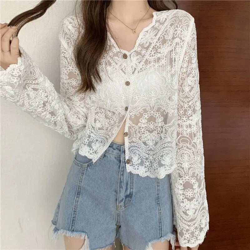 Maxct See Through Shirt Women Lace Blouse Summer Sun-Proof Sweet Sheer Tops Preppy V-Neck Casual Trendy Harajuku Basic Korean Blouse
