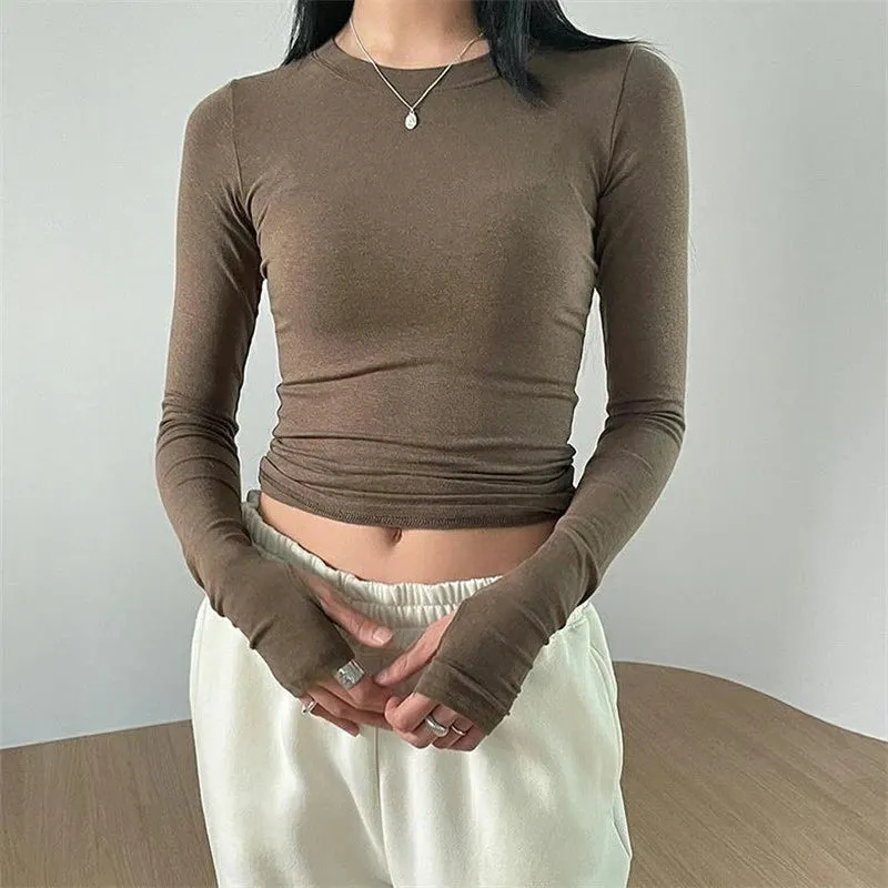 Maxct Chic Fashion Elegant Slim Fit Crop Tops Women Clothes Casual Solid Color Basic Tees Autumn Spring O Neck Long Sleeve T-shirt