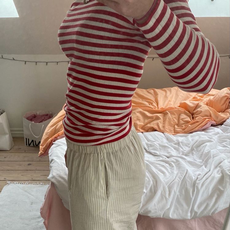 Vintage Preppy Style Y2K Crop Tops Clothes Cottage Striped Rib Knitted T-shirt Women Long Sleeve Casual Basic Tees Pullovers