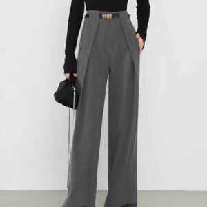 Maxct Middle Waist Solid Pocket Straight Leg Pants