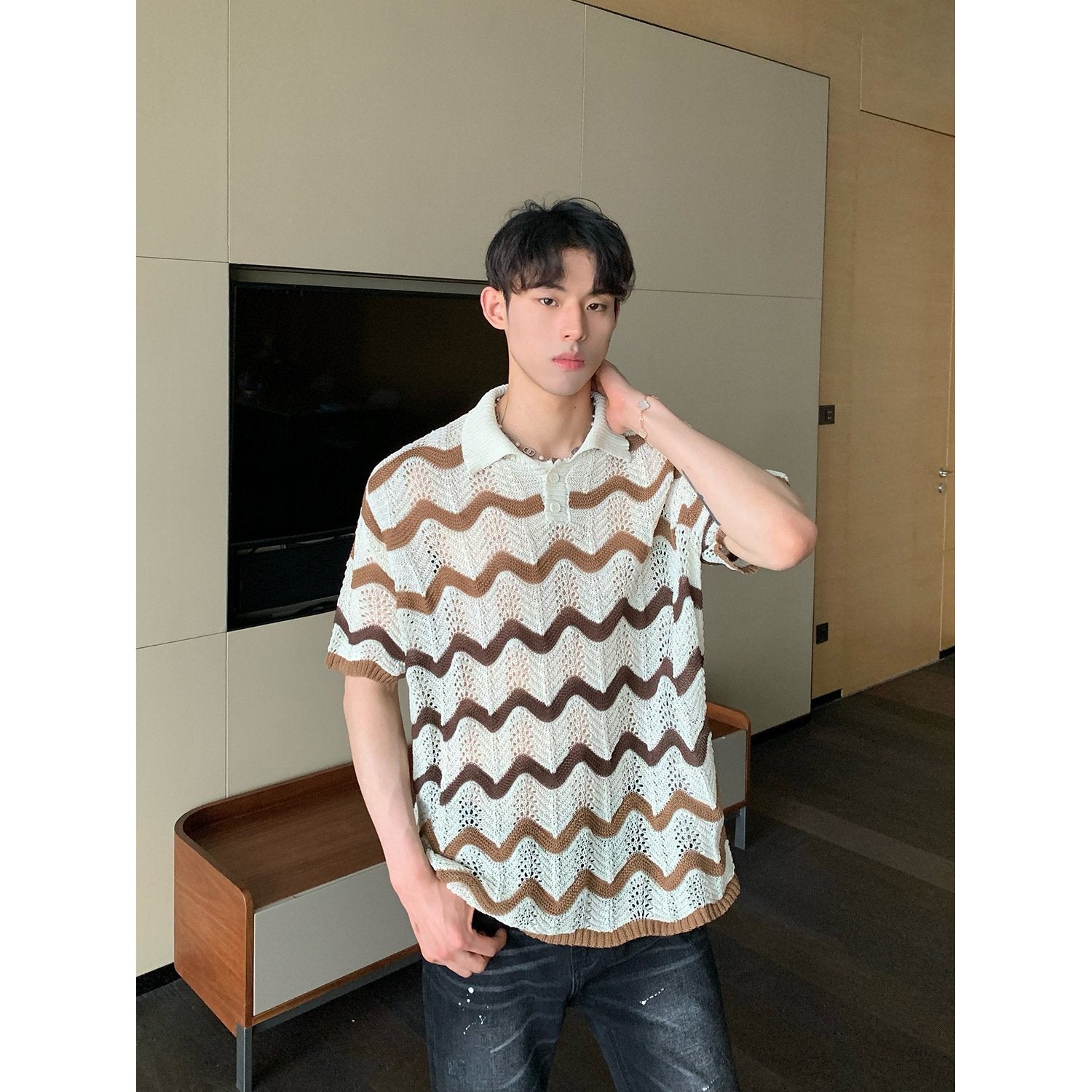 Maxct 90s Streetwear Korean Style Summer High-end Sense Hollow Color Stripe Lap Short-sleeved Niche Design POLO Shirt T-shirt Casual Top
