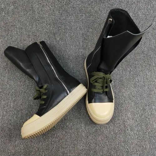 Leather Sneakers  Black Round Toe High-top Unisex Maxct