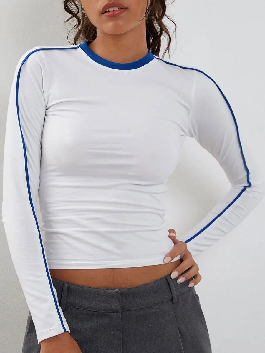 Maxct Women Y2K Vintage Retro Cleanfit Long Sleeve Short T-Shirts Patchwork Crew Neck Spring Fall Slim Fit Tops Streetwear