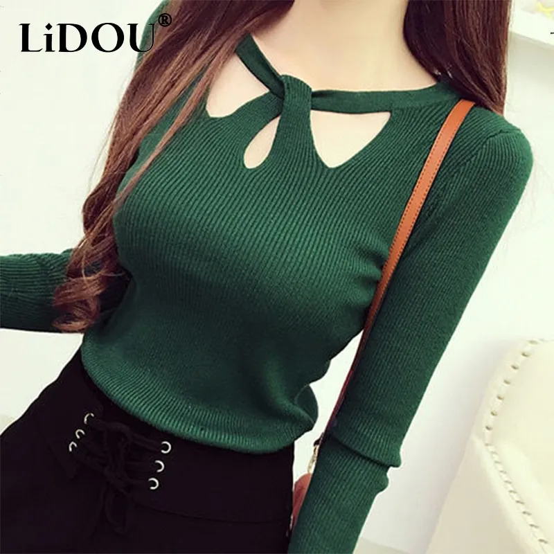 Maxct Winter Hollow Out Sexy Solid Sweater Ladies Elegant Fashion Slim Bottoming Knitting Pullover Tops Women Casual Jumper