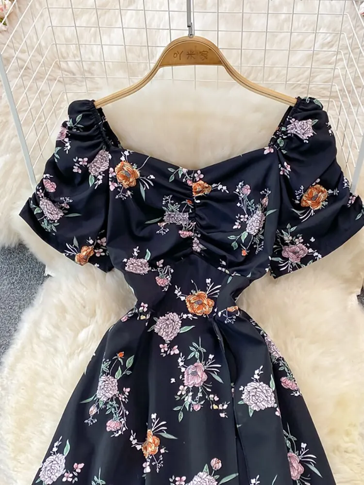Vintage Women Printed Dresss Sexy Square Collar Short Puff Sleeve High Waist A-Line Vacation Beach Vestidos Female New