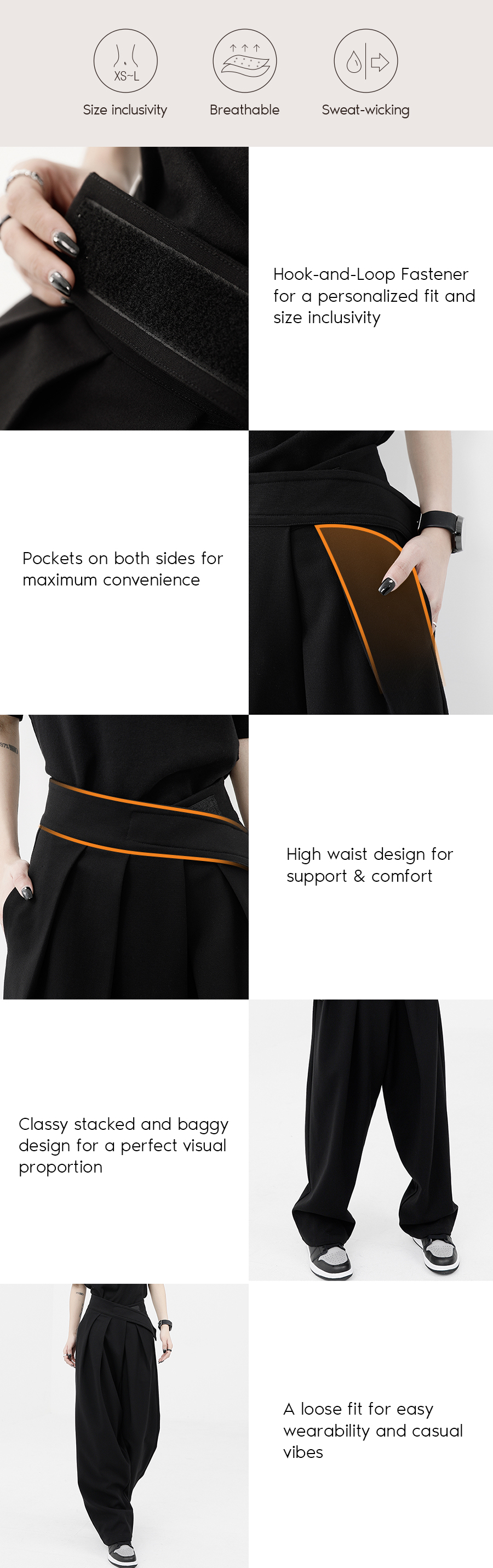 Hook-and-Loop Fastener Wide Leg Velcro Pants