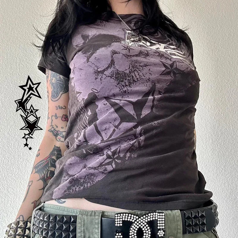 Maxct Cyber Grunge E-girl Gothic Crop Tops Women's T-shirt 00s Retro Graphic Print Short Sleeve Tees Harajuku Japanese Y2K Clothes