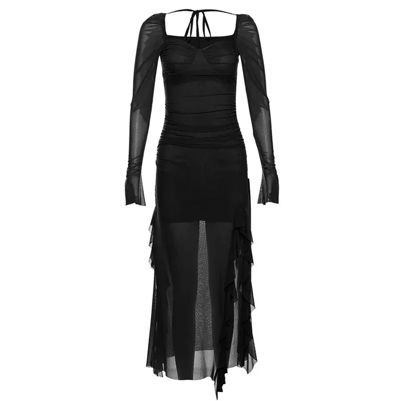 Y2k Gentle Temperament Ruffled Square Collar Slit Dress FeCross-Border Solid Color Long Sleeve Strap Wrapped Hip Long Dress Maxct