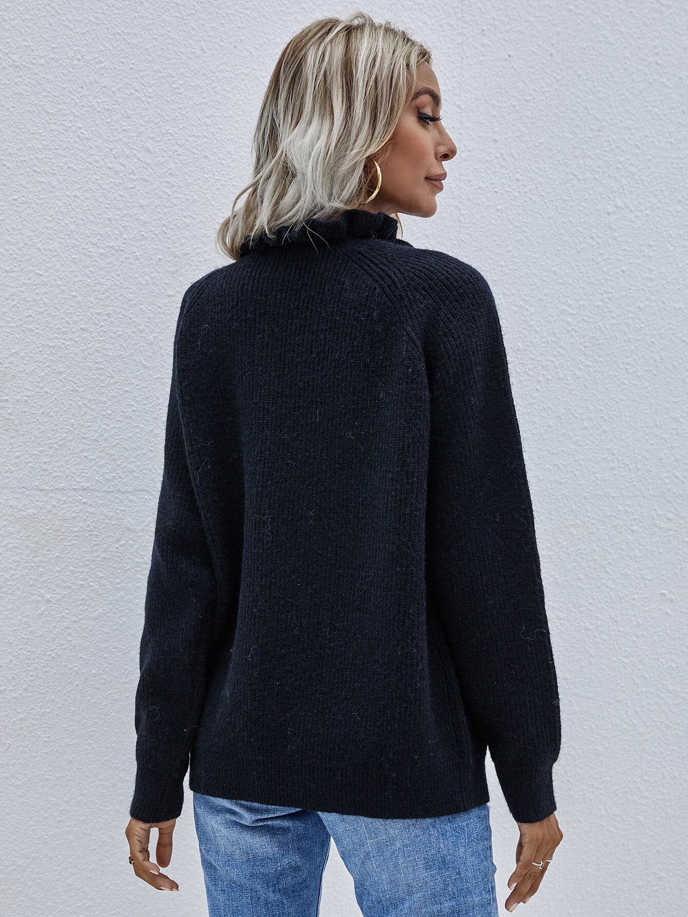Maxct &Button Detail Frill Neck Rib-Knit Sweater
