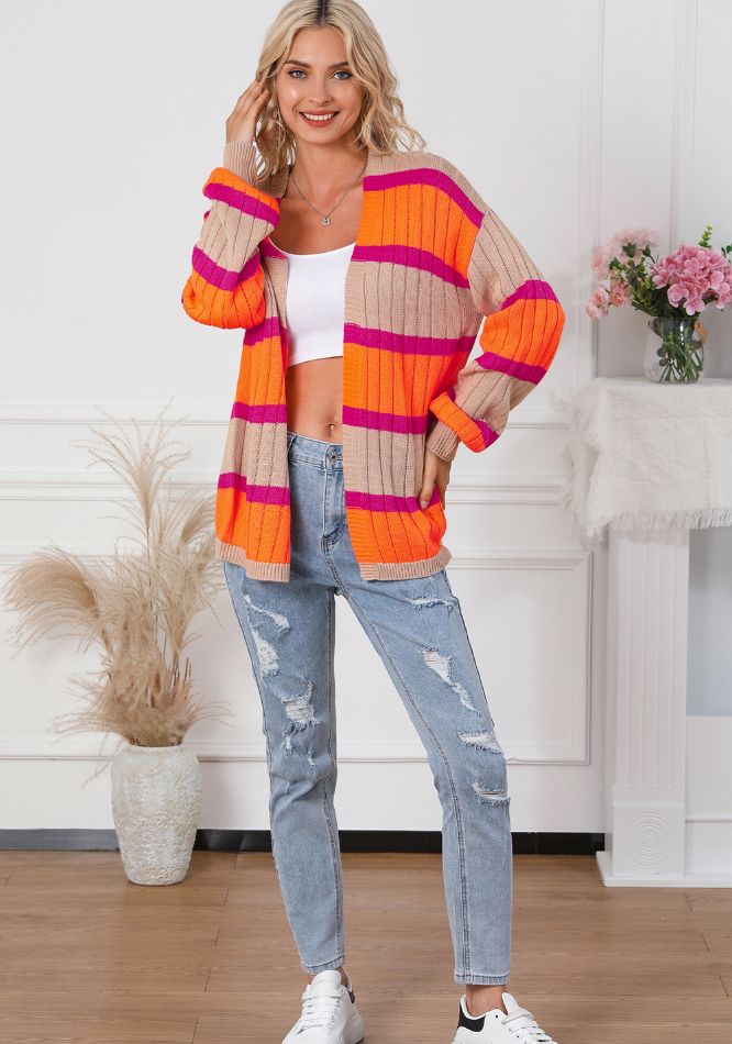 Maxct &Contrast Striped Drop Shoulder Open Front Cardigan