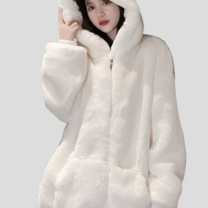 Warm Fluffy Loose White Hoodie for Women Maxct