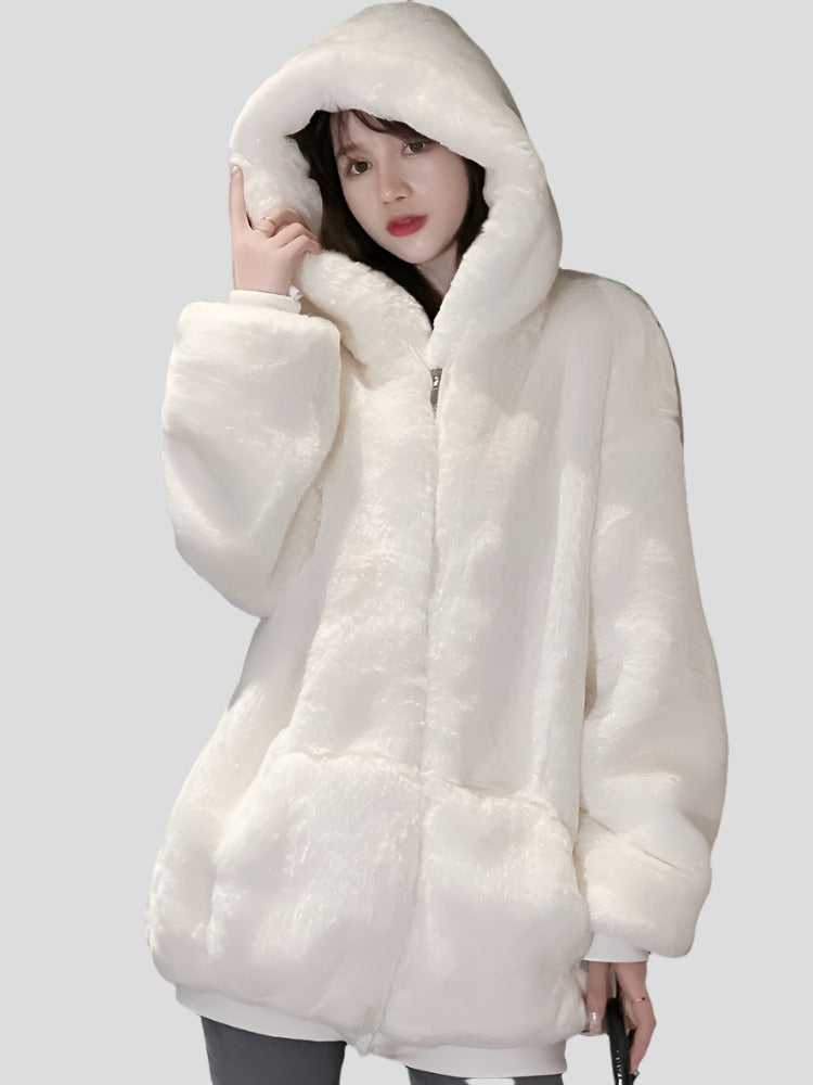 Warm Fluffy Loose White Hoodie for Women Maxct