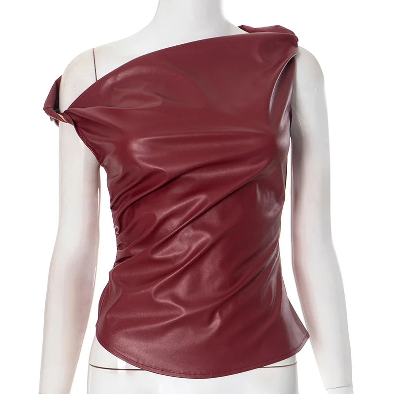 Maxct Skew Collar Short Leather Top For Women Sleeveless Pleated Slim Pullovers Fashion Irregular High Street T shirt Hot Girl