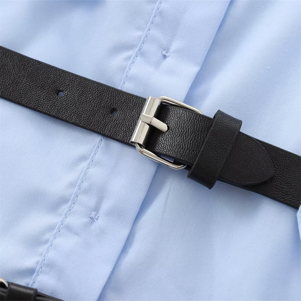 Autumn New Product Women's Fashion Style Blue Backless Belt Poplin Turnover Long Sleeve Shirt