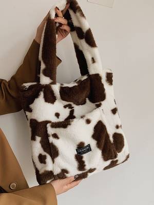Faux Shearling Cartoon Graphic Tote Bag - Women Tote Bags