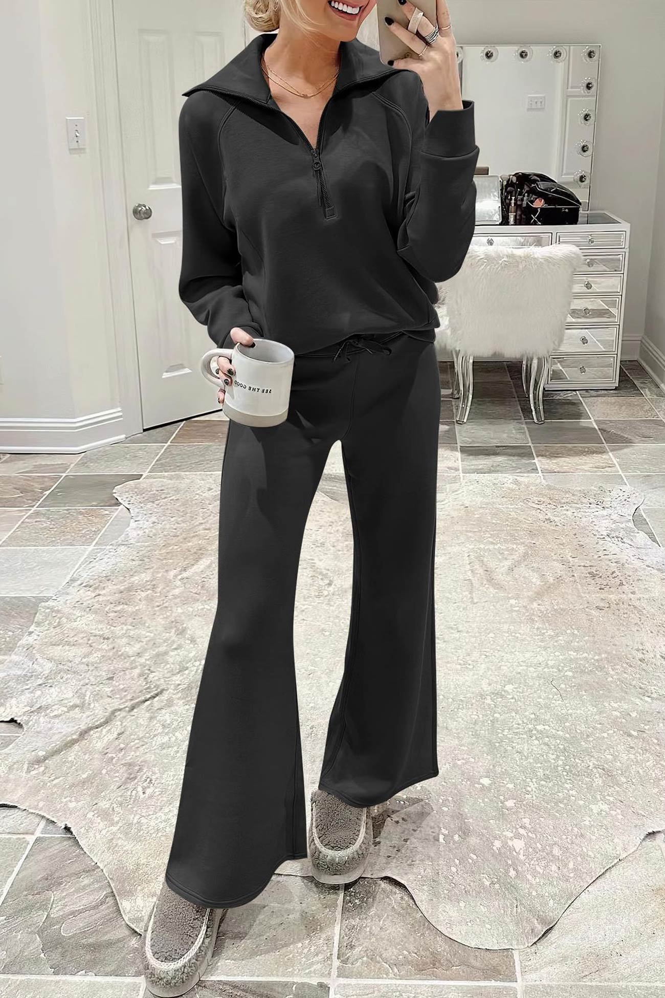 Maxct Lapel Zip-up Sweatshirt Wide Leg Long Pants Set