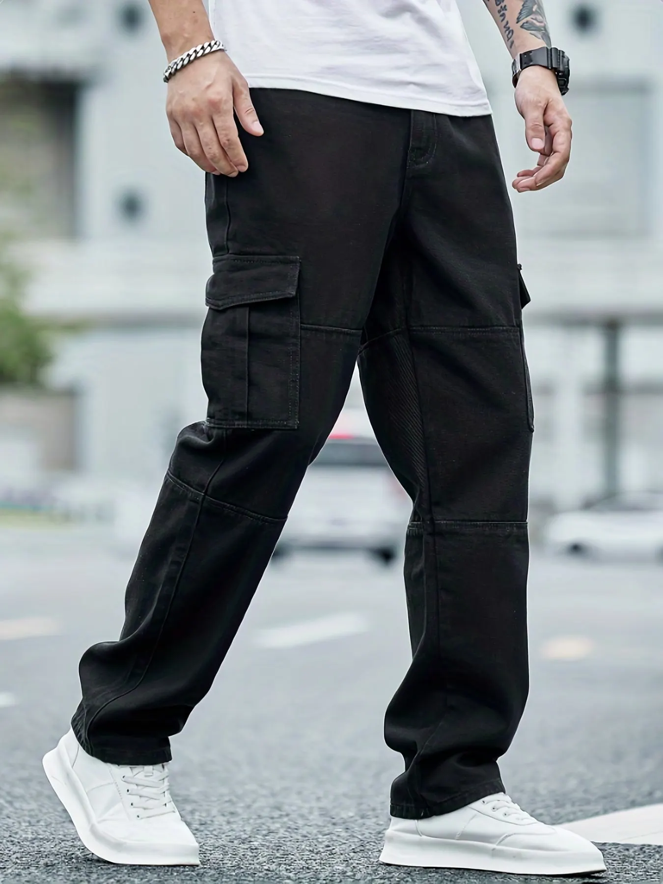 Maxct Loose Fit Flap Pocket Jeans, Men's Casual Street Style Denim Pants For All Seasons