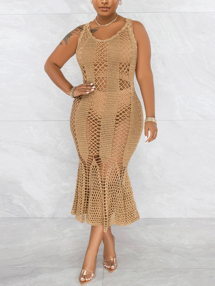 Crochet Hollow Out Midi Dress Maxct